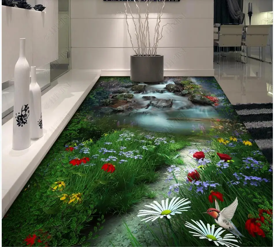 

Custom photo 3d pvc flooring self adhesive vinyl wallpaper Landscape flower and bird home decor living room for wallpaper 3 d