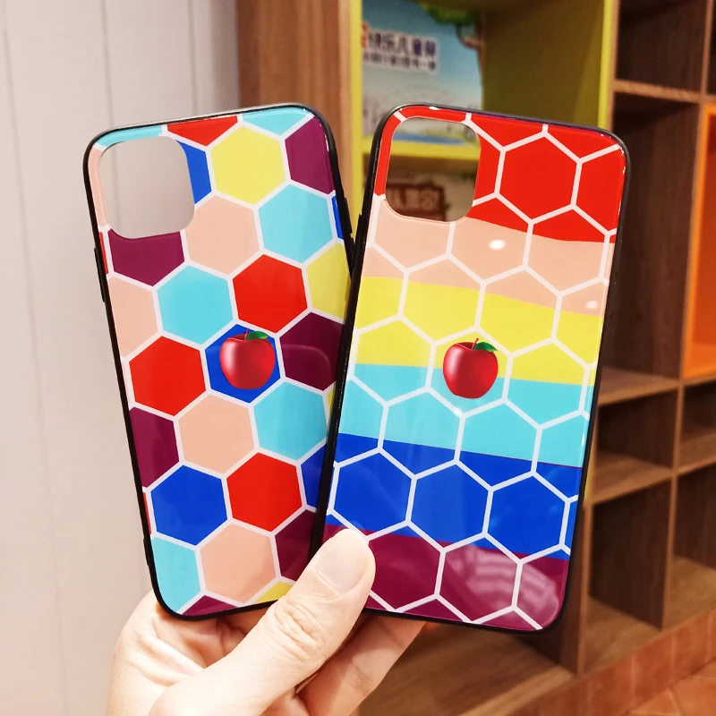 New Geometry Rainbow Tempered Glass Case for iPhone 12/11 ProMax XR XS Max Hard Capa 8 7 Plus Gradient Cover Hoesjes |