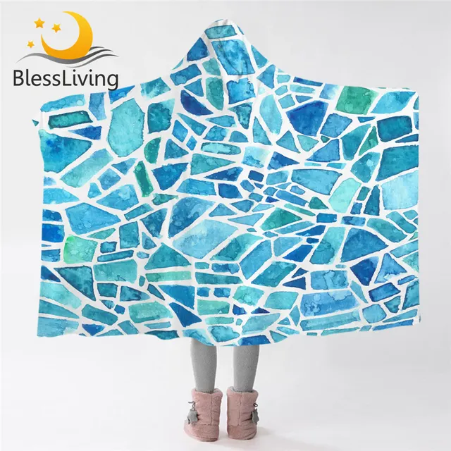 BlessLiving Blue Stone Hooded Blanket Watercolor Microfiber Sherpa Blanket Geometric Soft Wearable Blanket Hoody Mosaic Mantas 1