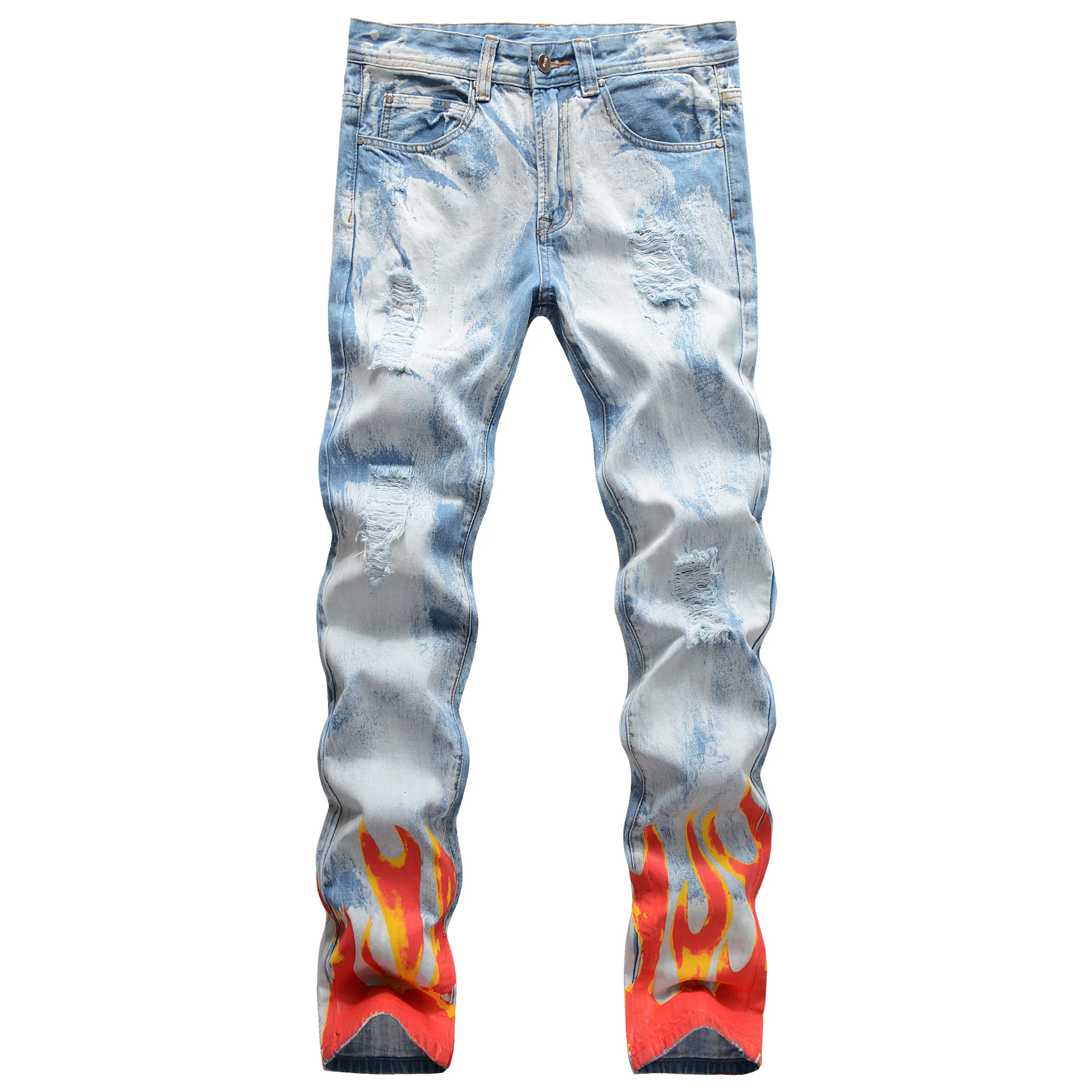 

2021 Spring Jeans Pants Men Big Size 42 Party Club Masculina Jeans Hip Hop Red Flame Digital Print Jeans Men Slim Fit Straight
