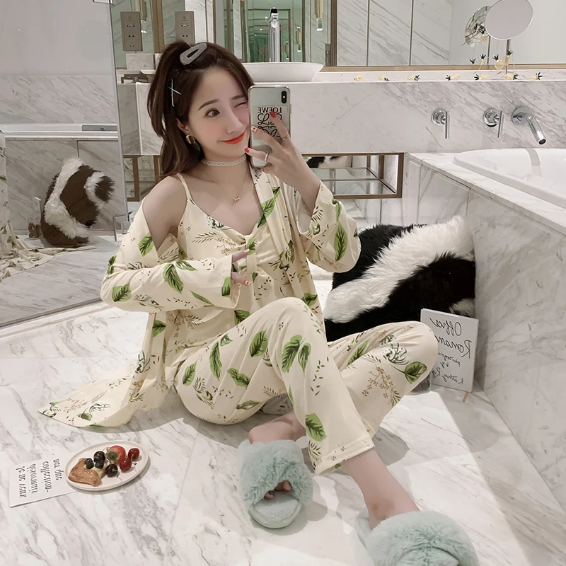 Женский пижамный комплект хлопковые пижамы 3 предмета одежда для сна женщин с