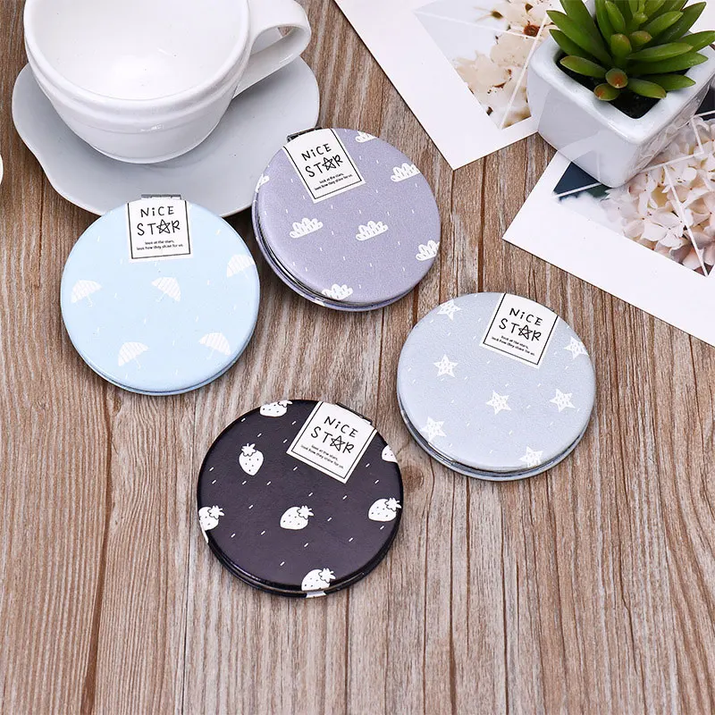 Маленькое круглое зеркало из искусственной кожи двухстороннее складное для