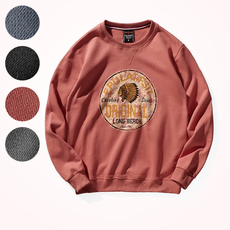 

American Retro Terry Printed Hoodies Men's Pure Cotton Washed Old Round Neck Pullover Knitted Long-sleeved Casual Sweatshirts