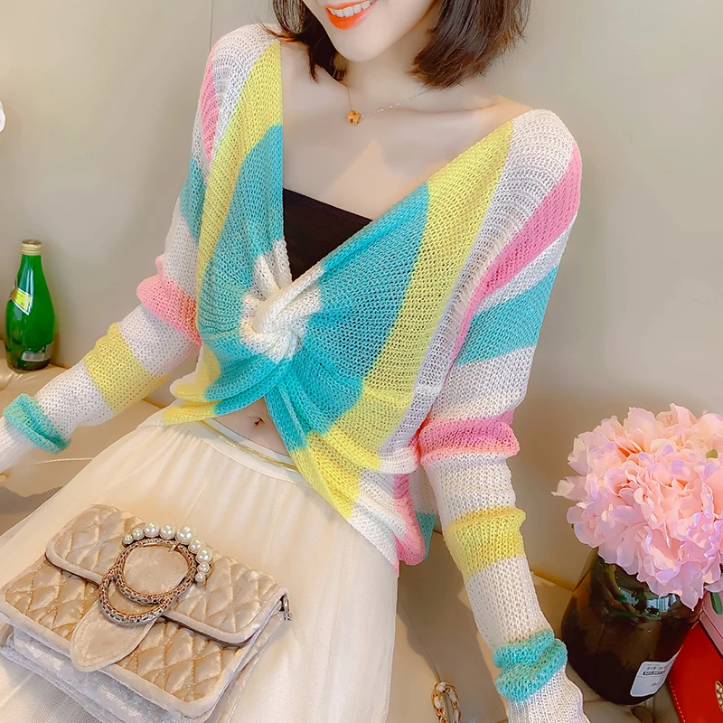 

Весенние женские свитера с перекрещивающимися ремешками, женские летние свитера с вырезами, женские короткие свитера в полоску