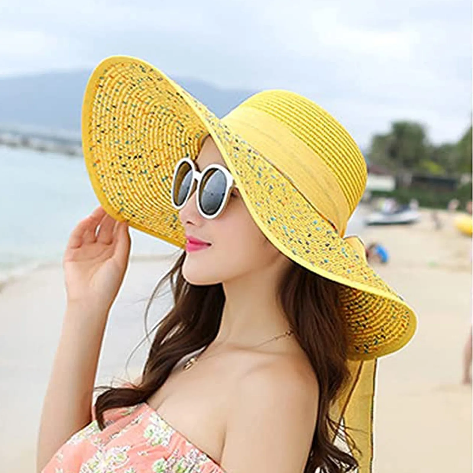 

2021 Raffia Bow Sun Hat Wide Brim Floppy Summer Hats UV Protection For Women Oversized Beach Straw Dome Bucket Hat Shade Hat