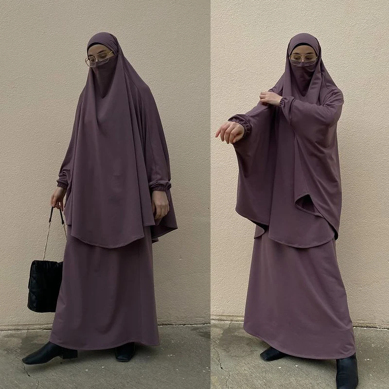 

2pieces Muslim Women's Set Niqab Hooded Abaya Dubai Saudi Jibab Hijab with Skirt Turban Beautiful Prayer Garment Ramdan Islam
