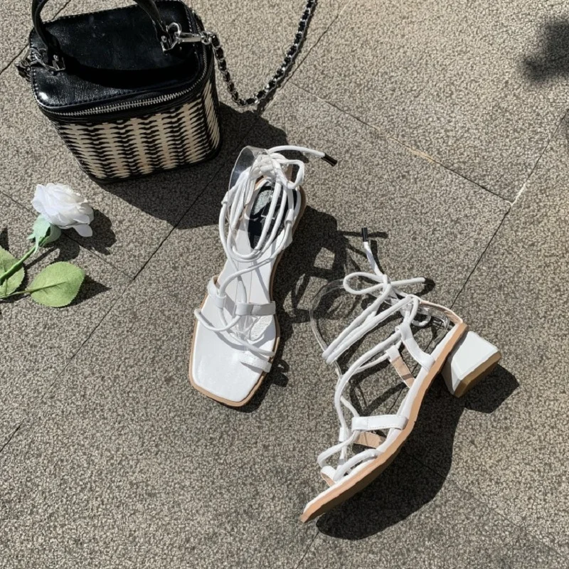 

Roman Twined Cross Strap Sandals Women Summer Mid Heel Fat Botton Width Large Size Women's Shoes Chunky Heel Beach Shoes