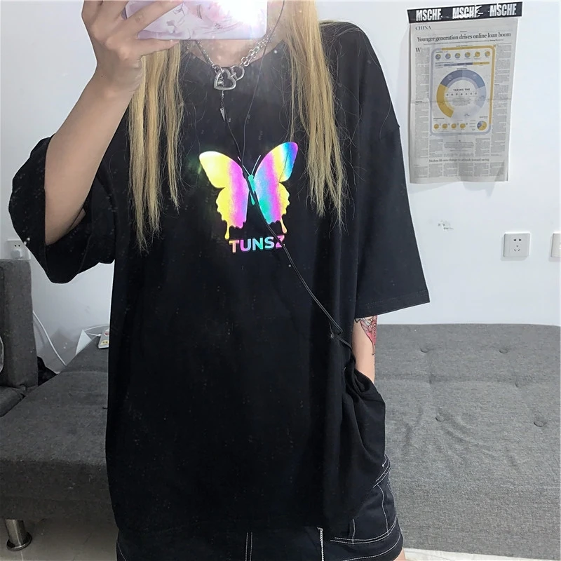 

Korean Short Sleeve Loose T Shirt Women Kpop Reflective Printing Black Streetwear Clothes Punk Vintage Gothic Y2K Dropshipping