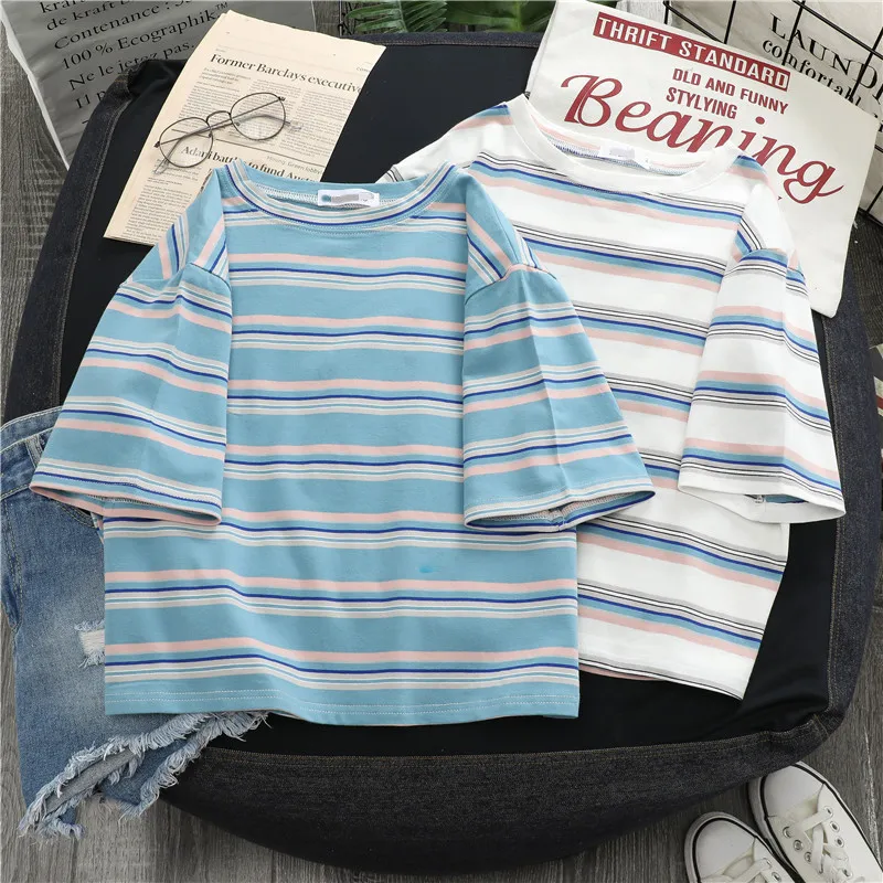 Футболка женская в полоску топ свободного покроя стиле Харадзюку с коротким
