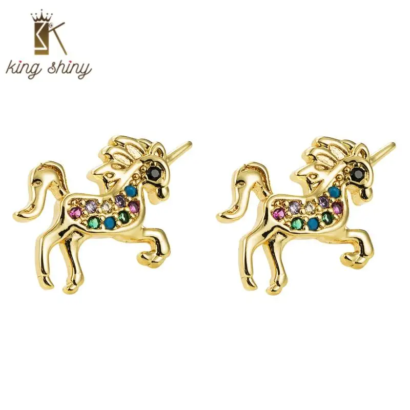 

Exquisite Rainbow CZ Rainbow Color Cubic Zirconia Unicorn Shape Statement Copper Stud Earrings Personality Birthday Party Gifts