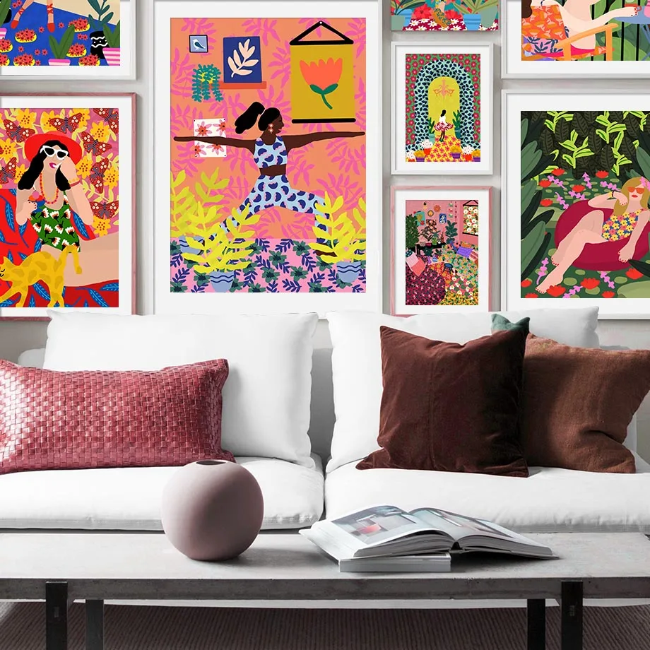 

Colorful Fashion Girl Cat Minimalist Wall Art Canvas Painting Nordic Posters And Prints Wall Pictures For Living Room Decor