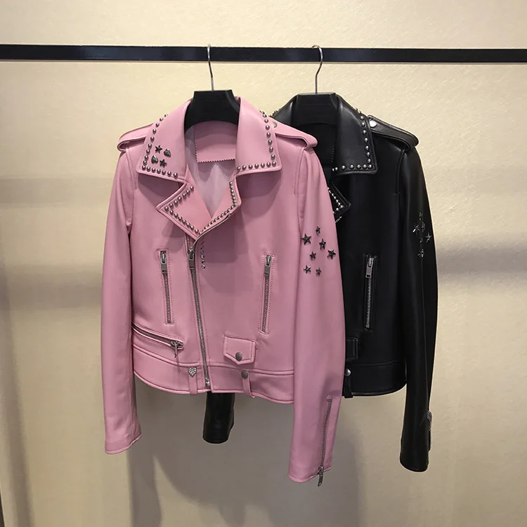 

New Fall winter women sheepskin biker Chic real leather rivets jackets coat D699