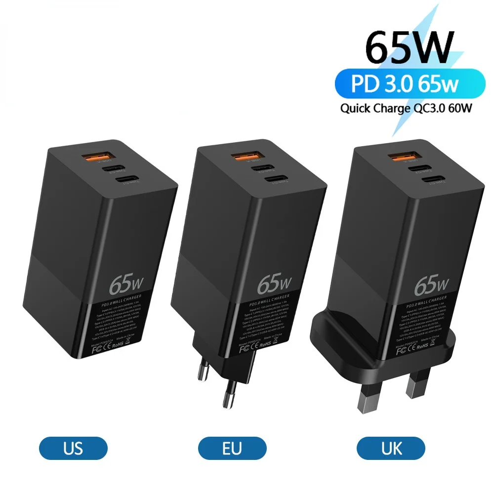 

65W EU/US/UK Charger Quick 4.0 3.0 For iPhone 12 11 Type C QC3.0 45W 22.5W Fast Charger For Xiaomi HUAWEI Laptop Tablet