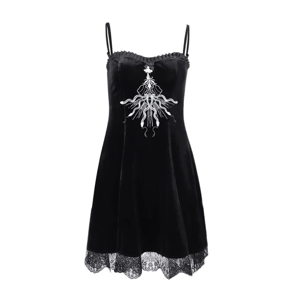 

Helisopus Korean Velvet Embroidered Lace Edge Black Sling Dress Hollow Sexy Mini Dress Summer Casual Party Dress for Women