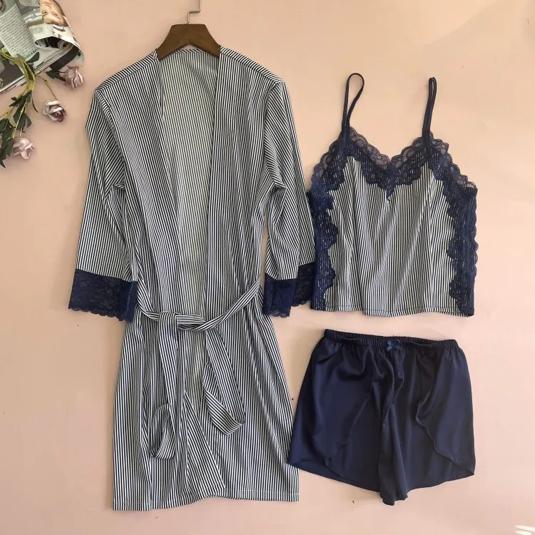 

Striped Lace Trim Women Robe Set Pajamas Suit Summer Thin Silky 3PCS Sleepwear Bathrobe Casual Loose Home Clothes Sexy Nightwear