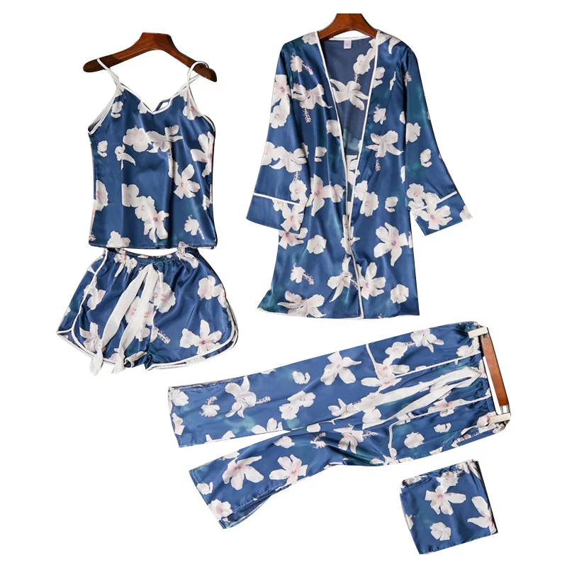 

Print 4PCS Pajamas Female Satin Sleepwear Sexy Casual Nightwear Summer Pyjamas Sleep Set Thin Loose Home Wear Suits With Belt