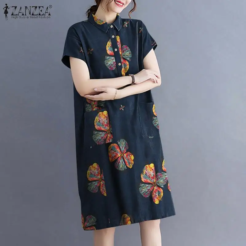 

Платье ZANZEA женское с цветочным принтом, элегантное богемное повседневное праздничное платье оверсайз с коротким рукавом, отложным воротни...