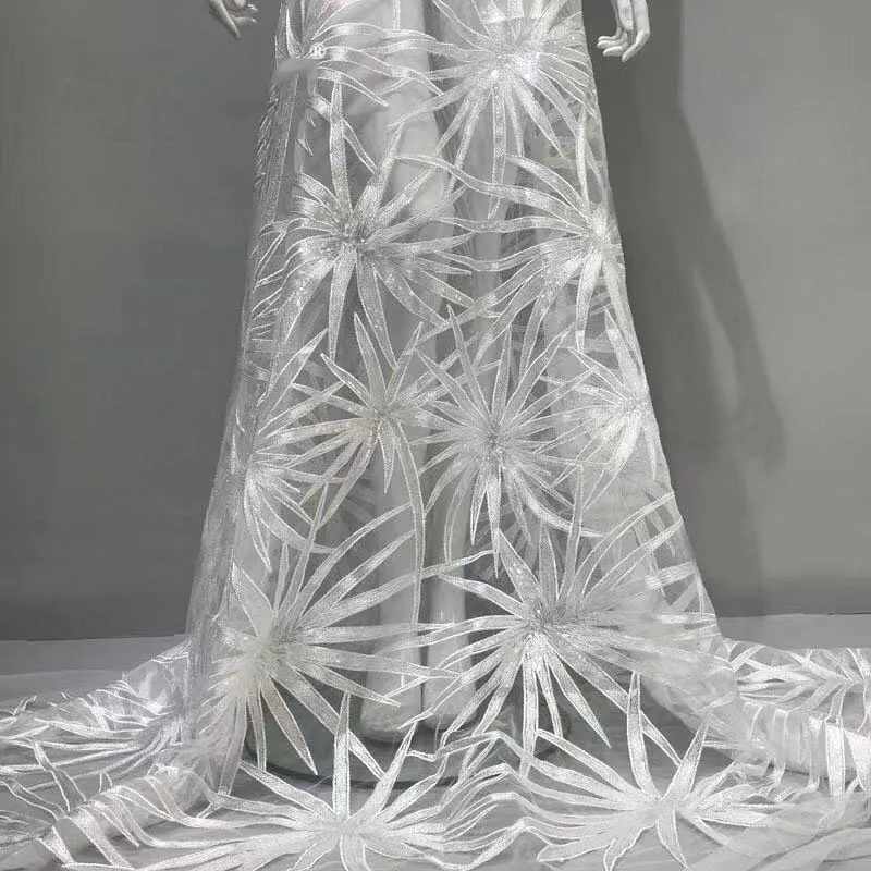 

5 ярдов, белый полиэстер с вышивкой, кружевная ткань, Африканское французское кружево, свадебное платье, платье, ткань