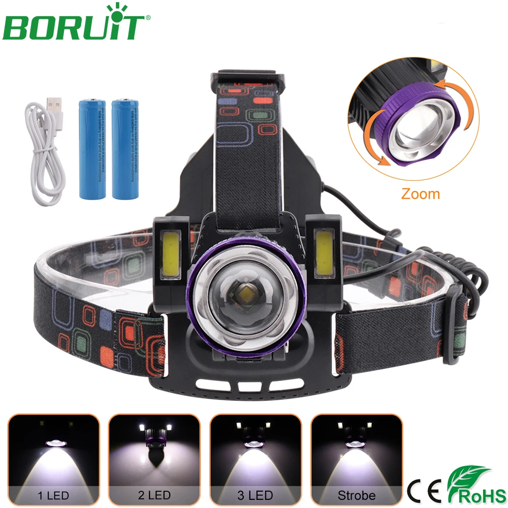 BORUiT T6 светодиодный налобный фонарь вспышка светильник с зумом USB Перезаряжаемый головной светильник водонепроницаемый походный охотничий Головной фонарь светильник 18650 аккумулятор