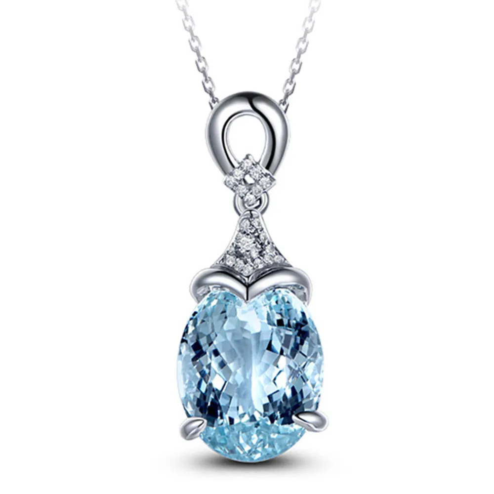 Aquamarine blue crystal pendant necklace for women white gold silver color choker zircon diamonds gemstones bijoux jewelry gift | Украшения