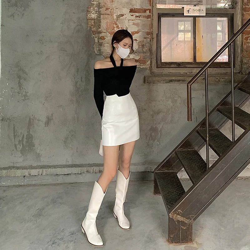 White Pattern Leather Skirt Women's Autumn Winter High Waist Petite Hip line Rac | Женская одежда