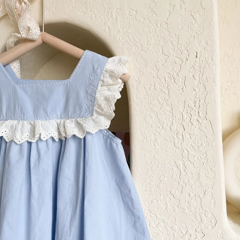 

WLG Girls Denim Sleeveless Dresses Baby Clothes Summer Ruffle Lace Denim Blue Dress Kids Girl Casual Clothes 2-7 Years