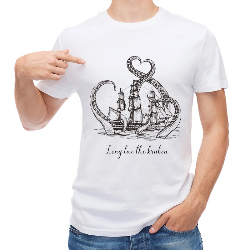 

TEEHUB Fashion Vintage Long Live Kraken Men T Shirt Octopus Ship Printed T-shirt Short Sleeve Casual Tops Boy Tees