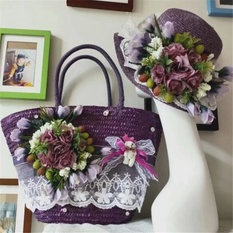 

Кружевная плетеная пляжная сумка из ротанга для женщин, соломенный саквояж ручной работы с цветами, большие тоуты, женская сумка, плетеная сумочка и Солнцезащитная шляпа, 4 цвета