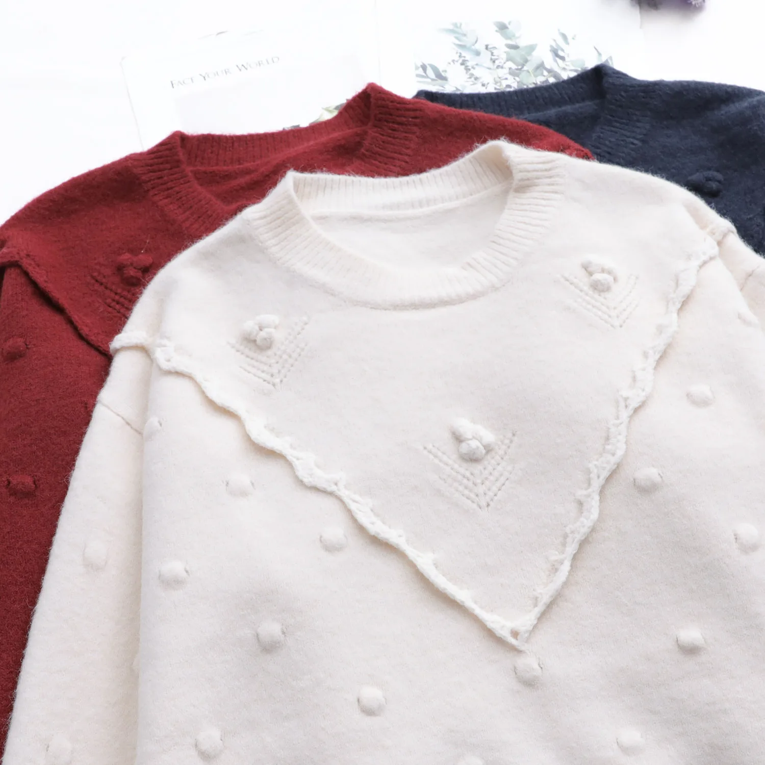 

Fannic 2020 Winter Loose Fashion Flower Embroidery Round Neck Pullover Sweater Women