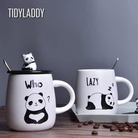 panda ceramic coffee mug with lid and spoon large capacity embossed students water cup home breakfast milk mug couple tea cup