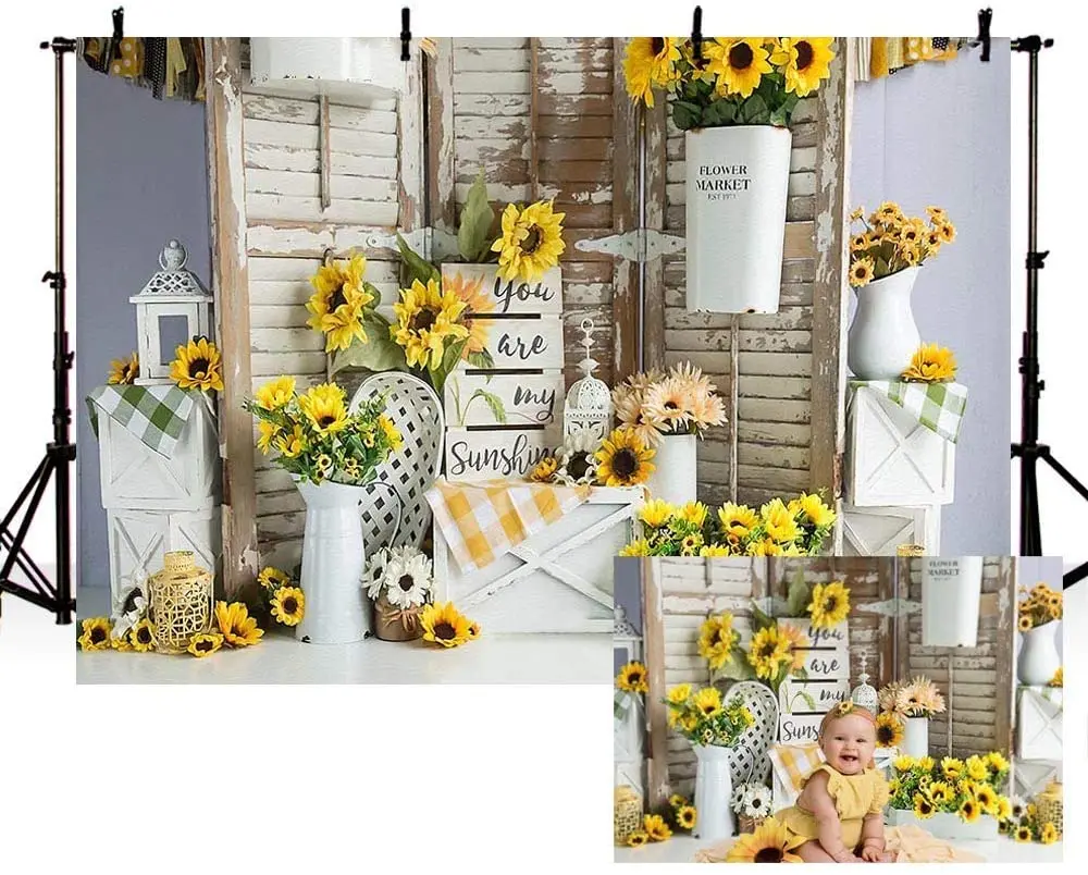 Spring Sunflower Wood Portrait Backdrops Props for Photography Rustic Baby Shower Birthday Summer You Are My Sunshine Banner