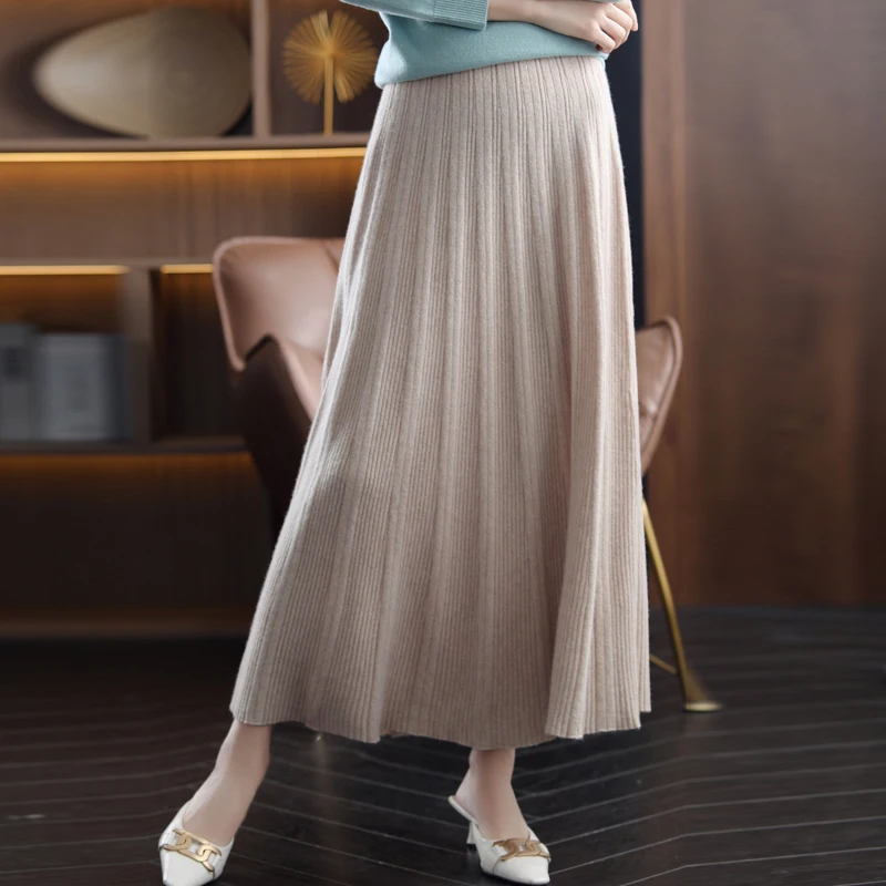2021 Autumn Winter High-End 100% Pure Wool Knit Bottoming Skirt Ladies Long Pleated Skirt Noble Temperament Pure Color Long Skir