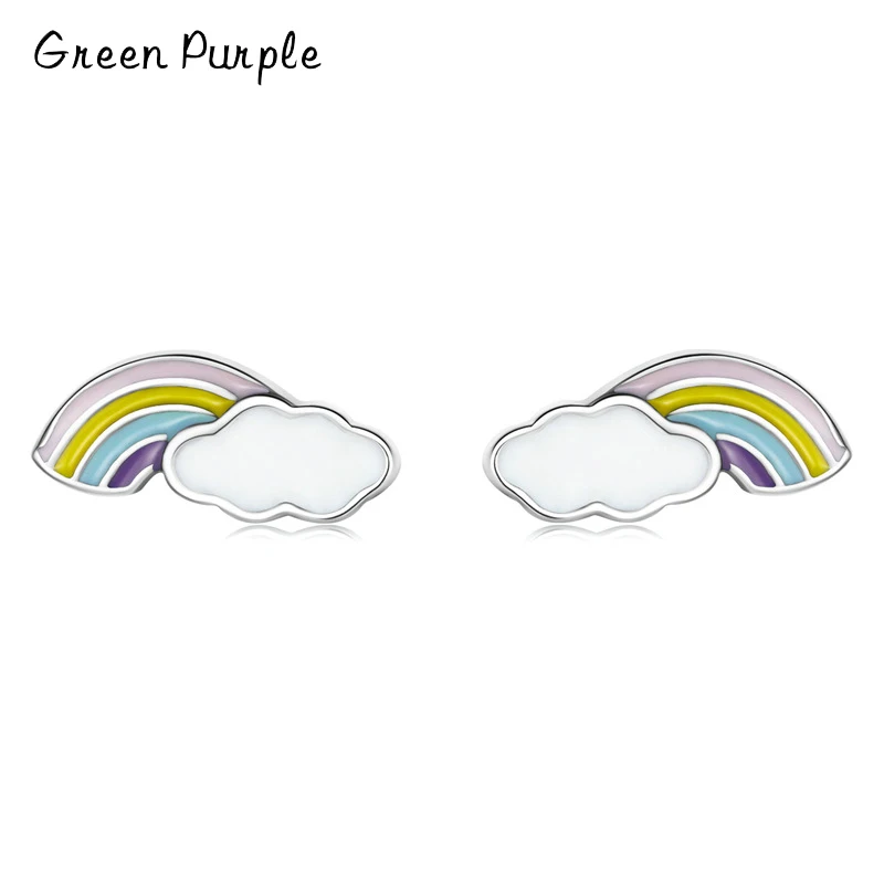 

Green Purple Rainbow Fantasy Stud Earrings Genuine 925 Sterling Silver Earrings for Girls Party Statement Jewelry Children Gift