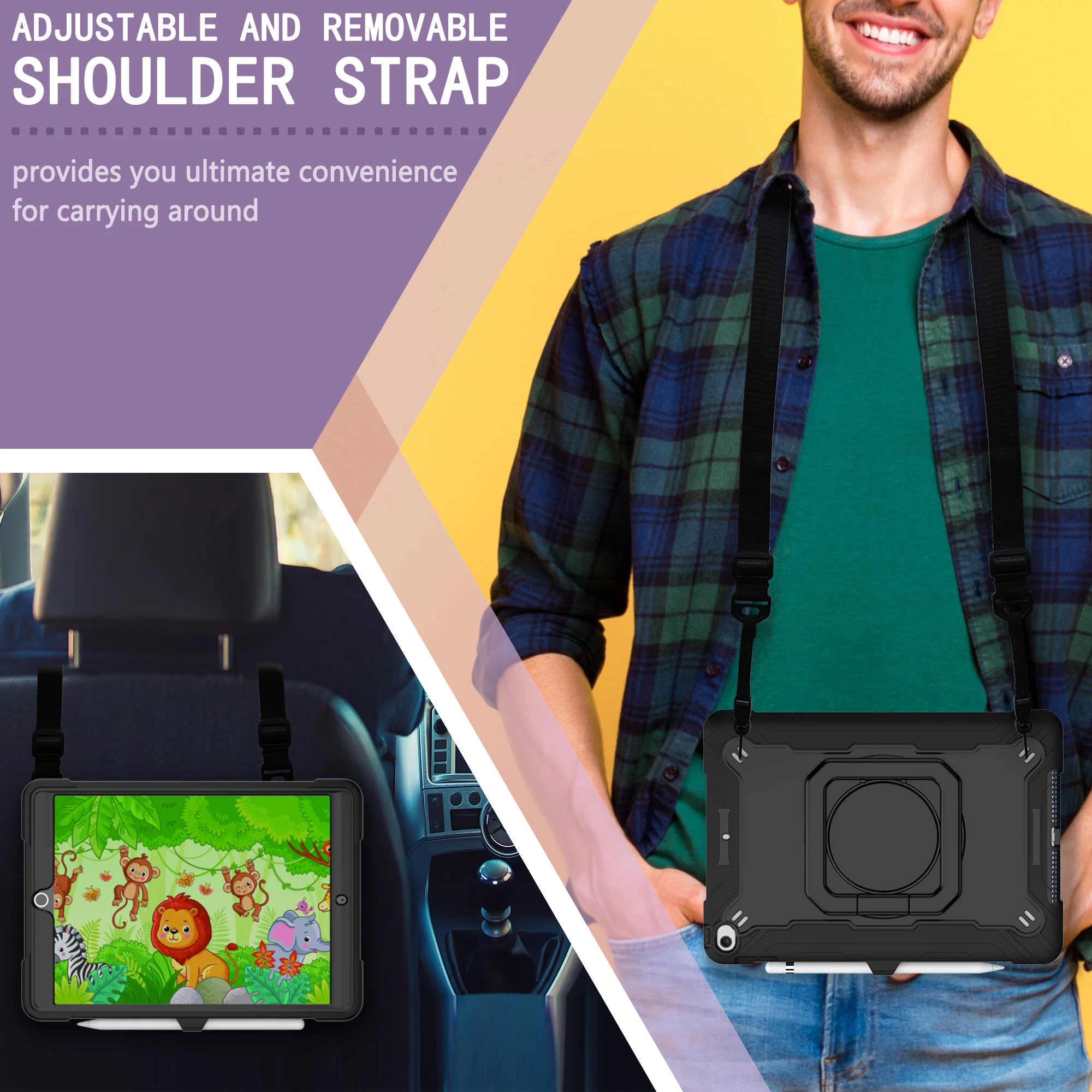 

For iPad 10.2"2019 Silicon Shockproof Cover 360 Rotating Stand Muti-function Grip Shoulder For ipad 7 7th A2200 A2198 Strap Case