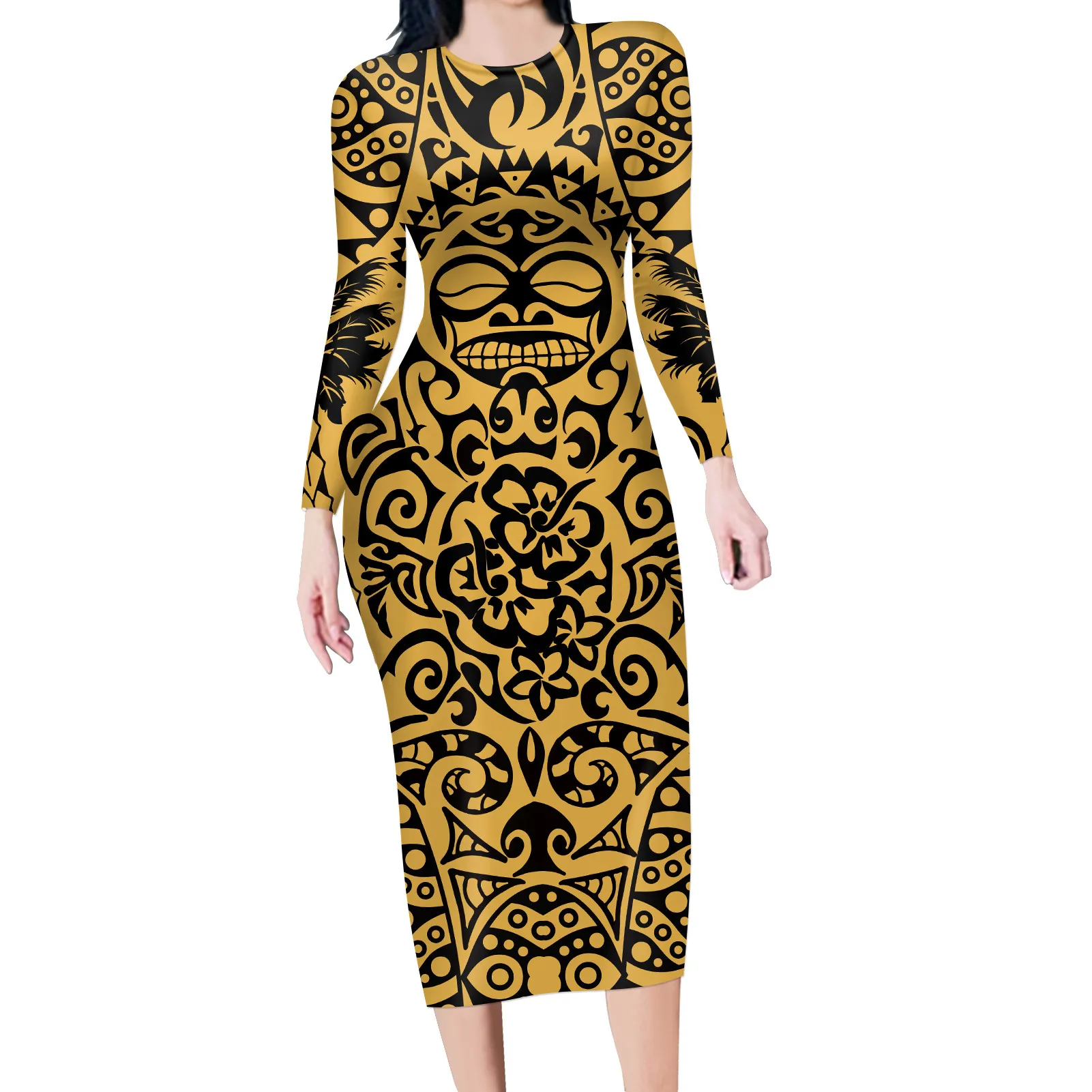 

HYCOOL Wholesale Minimalist Dress Samoan Polynesian Tribal Sun Tattoos Print Yellow Dress Casual Evening Dresses Long Party Gown