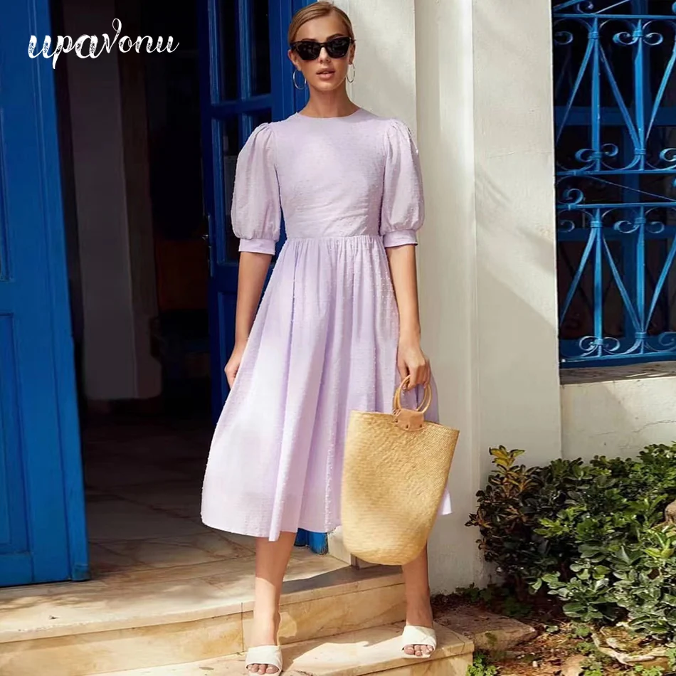 

Free Shipping 2022 New Elegant Midi Dresses Women's O Neck Bubble Short Sleeve A-line Dress Celebrity Club Night Party Vestidos