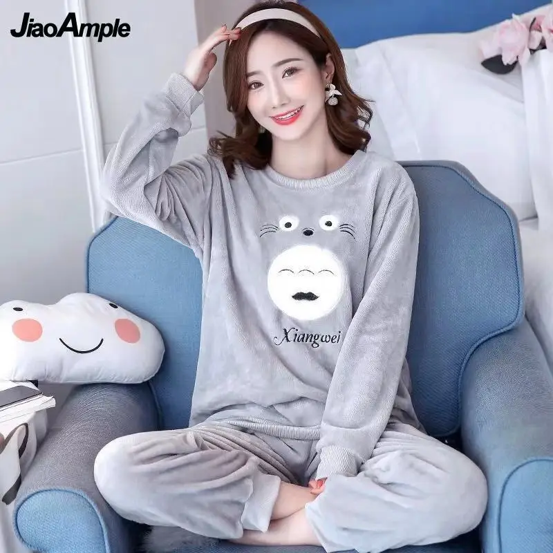 Winter Flannel Pajamas Women's Thick Long-sleeved Trousers Pijamas Two Piece Suit Warm Homewear Female Homewear Nightie Set