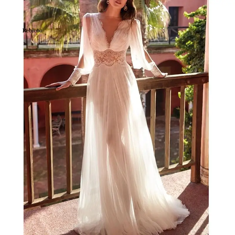 

Vintage Chic New Long Sleeve Tunic Long Dress Elegant Summer Women Sexy Transparent Mesh White Lace Maxi Party Night Dress