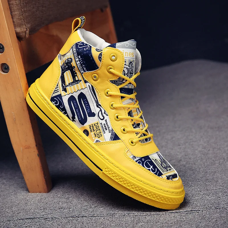 

2021 Flat Shoes Men's Fashion Casual Shoes Student Graffiti Yellow Canvas Shoes Outdoor Non-slip Sneakers Mens Walking Shoes