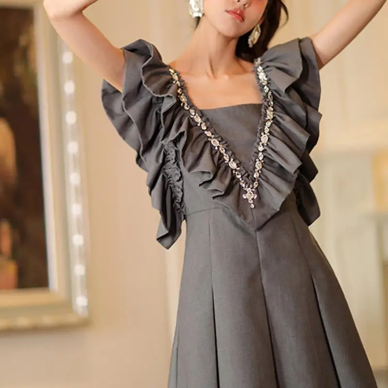 

Women's Gray Square Neck Dress Retro Sleeveless High Waist Patchwork Diamond Ruffled Mini Dress 2021 Summer New