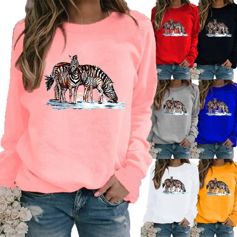 

Autumn and Winter Women Fashion Printing Graphic Tee Casual Shirt Round Neck Pullover Long Sleeve Motion Sweater Ladies