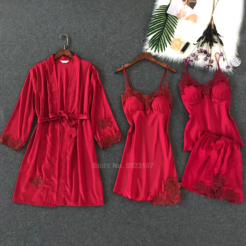 4 шт. домашняя одежда пижамы набор для женщин Шелковая гладкая сексуальная пижама