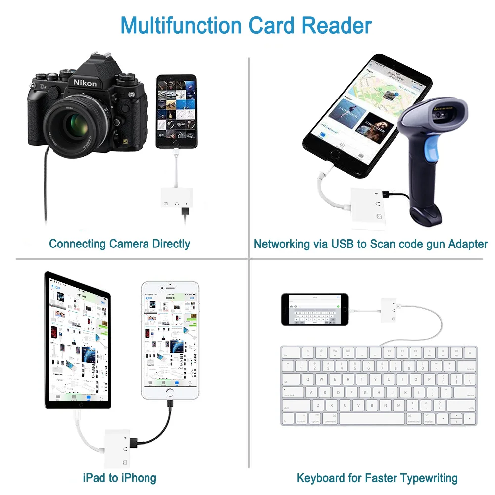 Lightning iPhone to USB3 OTG Camera Adapter/Cable Cord with Charging Lightning iPad to SD/TF Card Reader Support 3.5mm Aux Audio