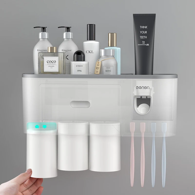 TERUP-soporte de pared para cepillo de dientes, dispensador autom&aacute;tico de pasta de dientes, tazas magn&eacute;ticas, estante de almacenamiento, juego de accesorios de ba&ntilde;o-2