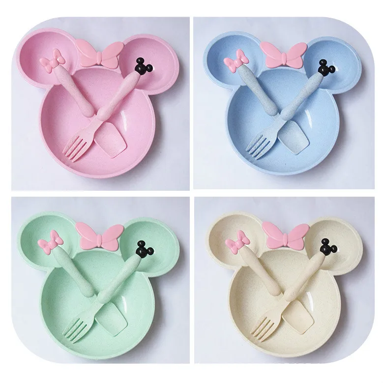 

3pcs Wheat Straw Baby Cartoon Tableware Set Children's Dishes Kids Dinner Platos Baby Feeding Plate Training Bowl Spoon Fork