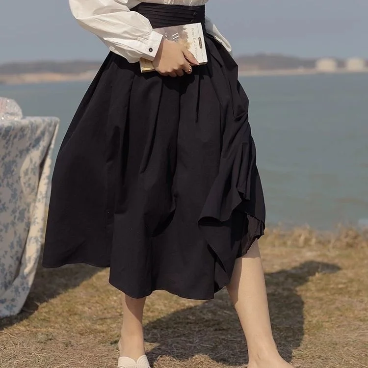 

Three button puffy skirt for women's 2021 summer new French Retro High Waist pleated A-line medium length umbrella skirt