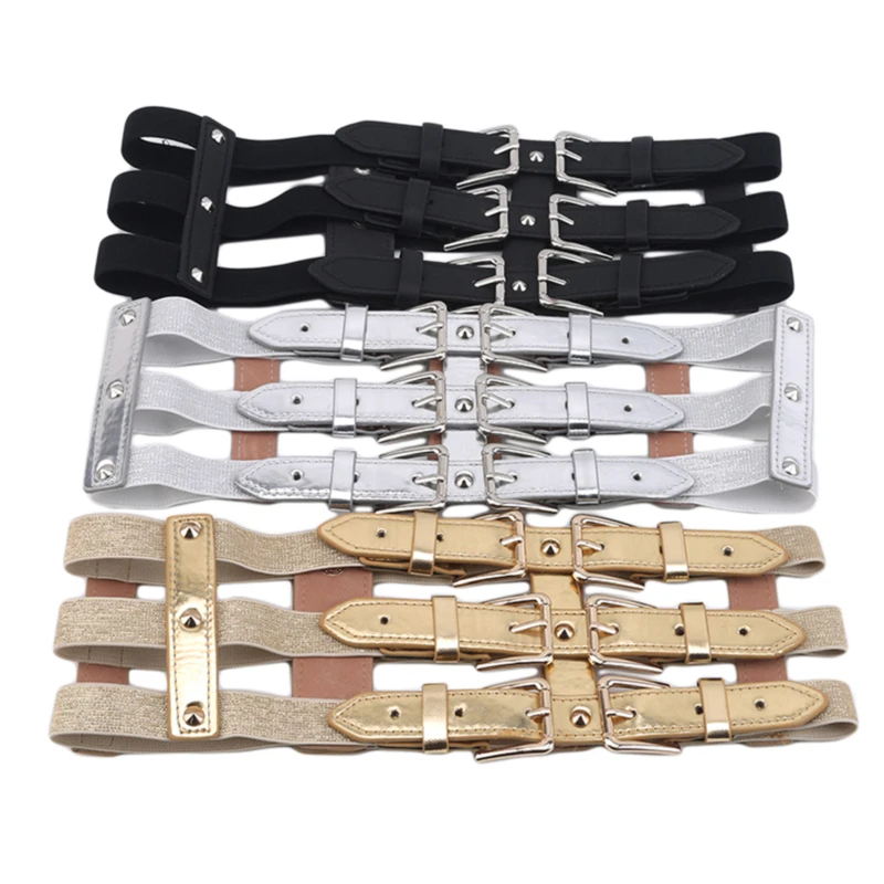 

New Fashion Vintage metal Double Clasp Women Belt Buckle PU Girdle Waistband Vintage Wide elastic Belt Girdle Cinturones Mujer
