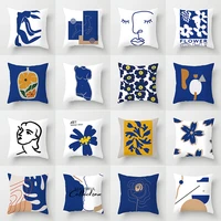 short pile pillowcase geometric abstract art characters blue cushion cover 45x45cm