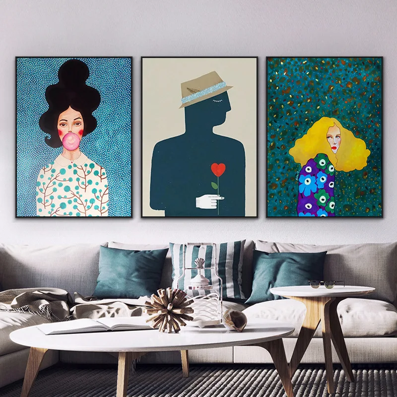 Желтый вьющиеся волосы девушка мода Пузырьковые женщины красное сердце постеры