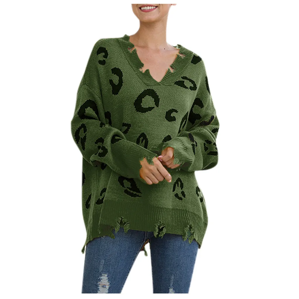 Army Green JAYCOSIN женский свитер модный Леопардовый принт v-образный вырез вязаный пуловер Свитера Топы осень весна женский свитер с длинным рукавом - Цвет: Army Green